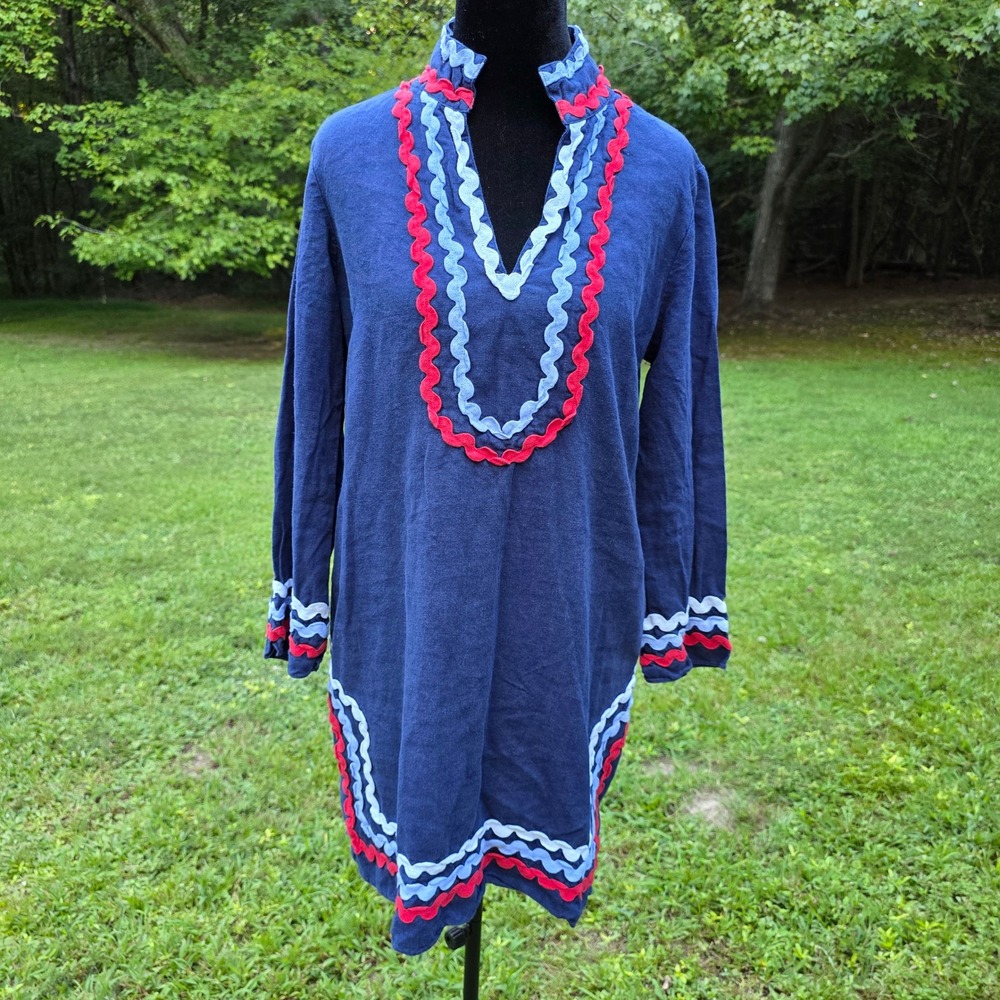SAIL TO SABLE Women's S Navy Linen Tunic Dress Ric Rac Preppy Coastal